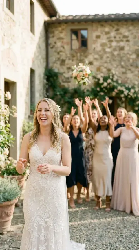 The bride tossing her bouquet — wedding photo by Olivia