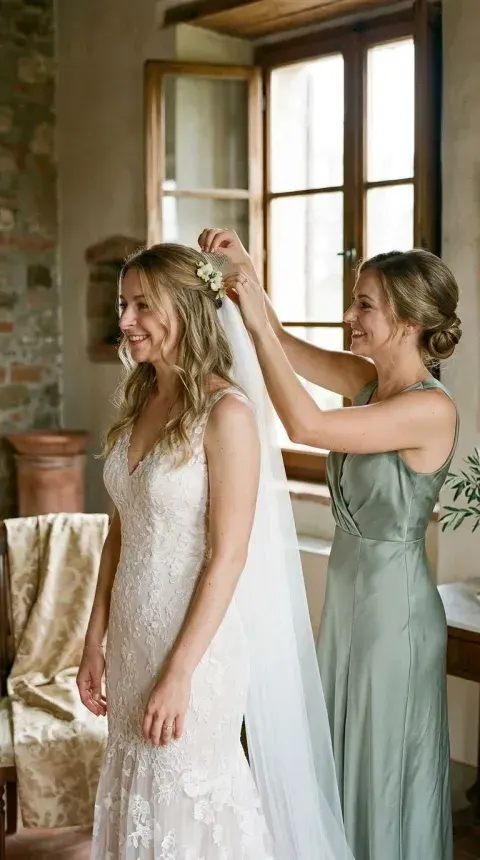 Fixing the bride's veil before the ceremony — wedding photo by Daniel