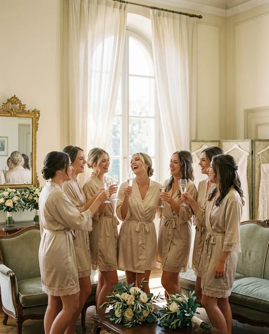 Bridesmaids in matching robes toasting while getting ready — wedding photo by Sofia
