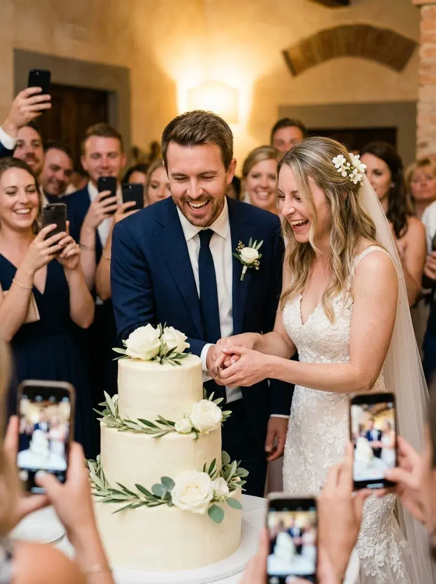 Cutting the wedding cake at the reception — photo by Hannah