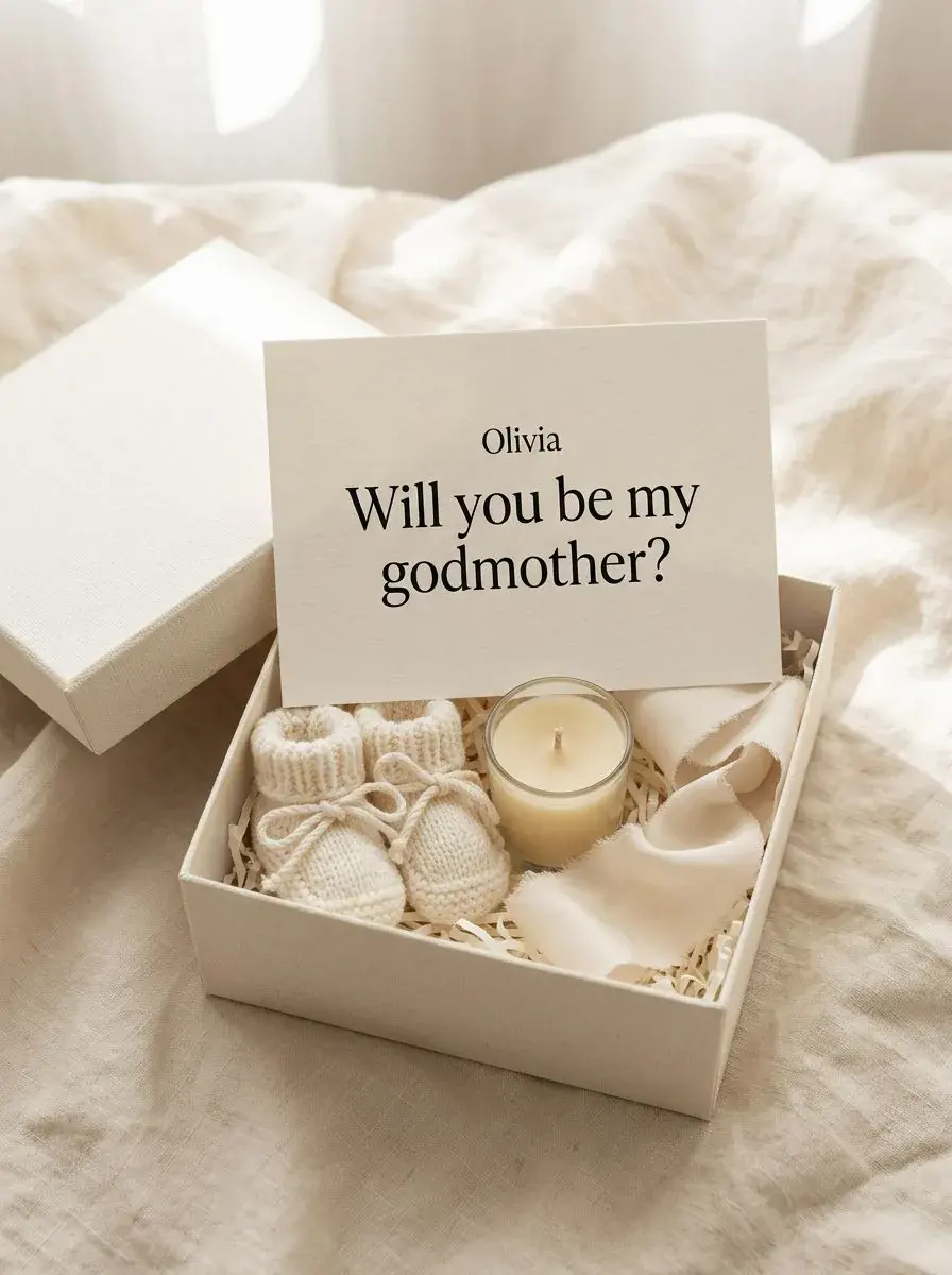 Geschenkbox für Taufpaten mit einer „Willst du meine Taufpatin sein?"-Karte, Kerze und Babysöckchen