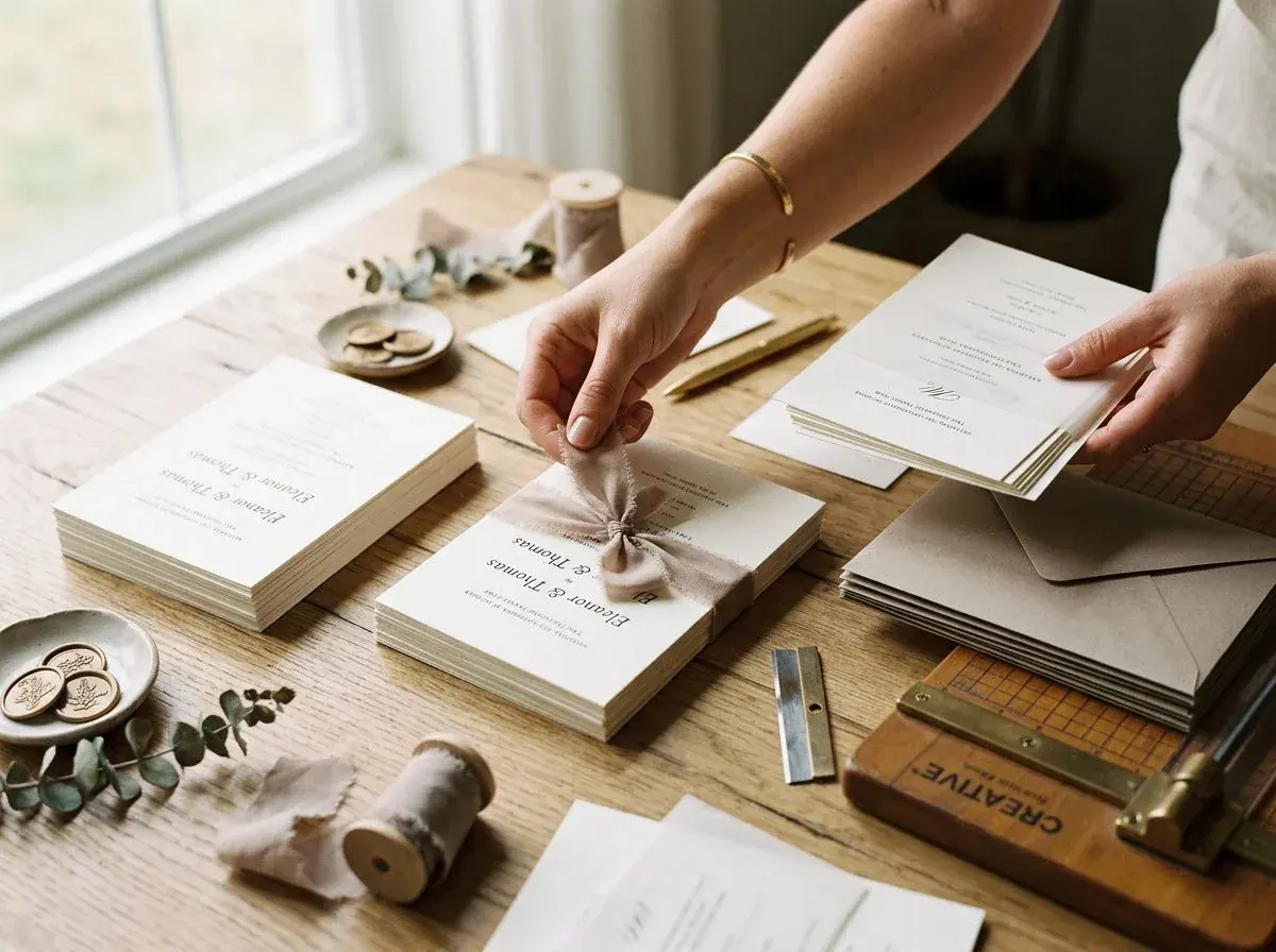 Hands assembling DIY wedding invitations with silk ribbon at a wooden table