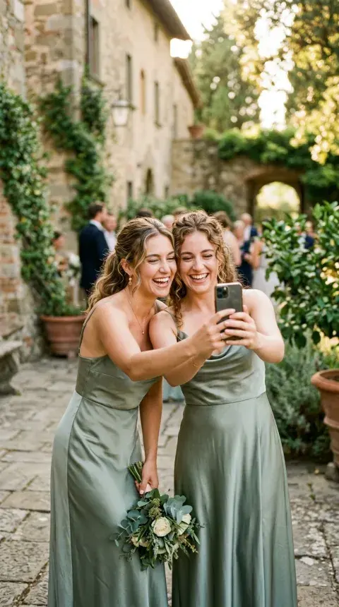Bridesmaids taking a selfie together at a wedding reception