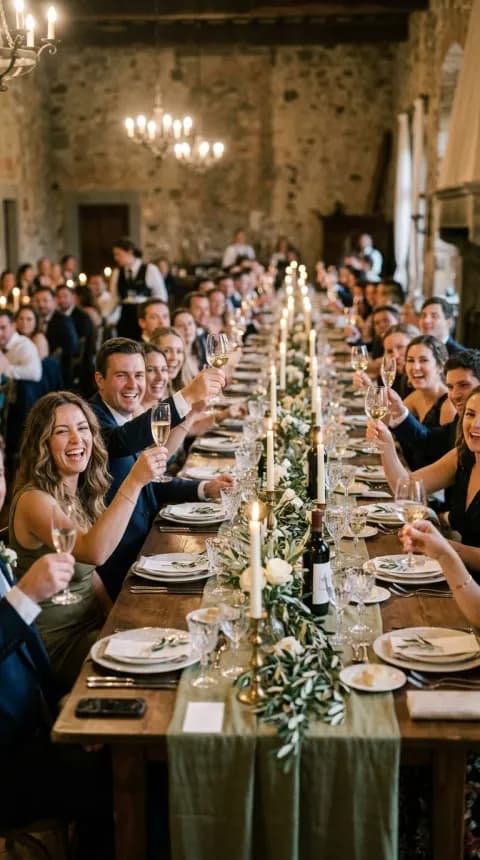 Invités qui trinquent à la grande tablée — les moments qu'un QR code photo de mariage rassemble