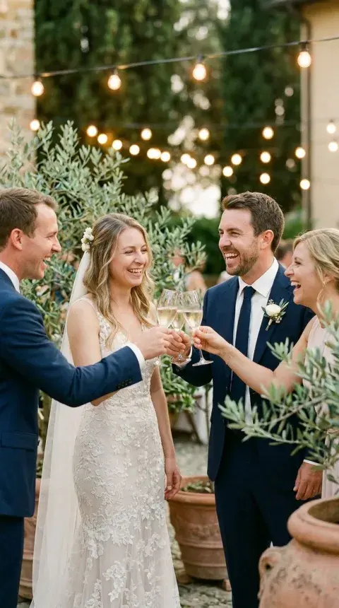 Wedding guests raising a toast together at a candlelit reception table