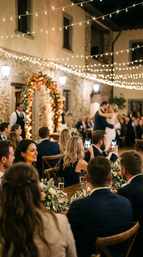 Wedding guests watching the live slideshow during the first dance