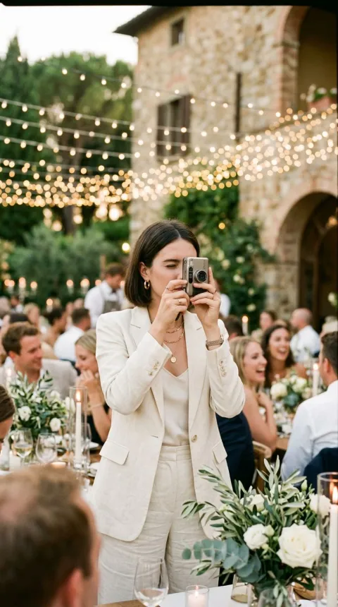 Wedding guest photographing the reception with a compact film camera