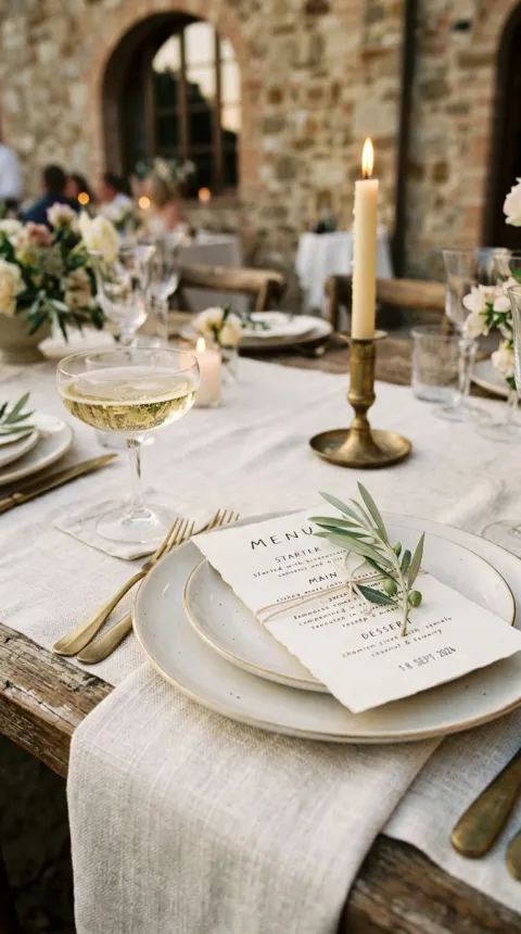 Table de mariage élégante avec menu imprimé — la place du QR code sur la papeterie