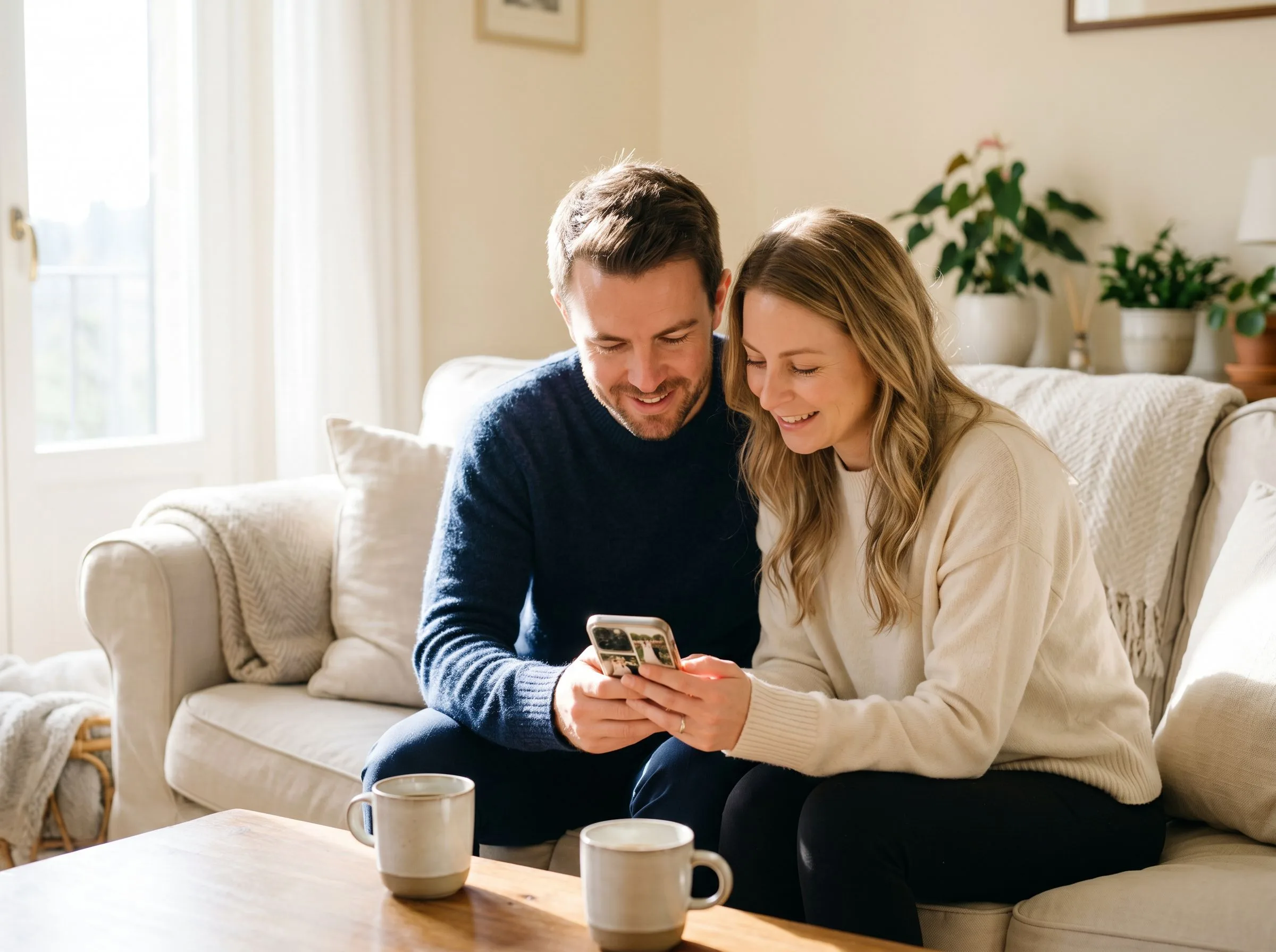 Newlywed couple on a sofa the morning after their wedding, looking at guest photos on a phone together