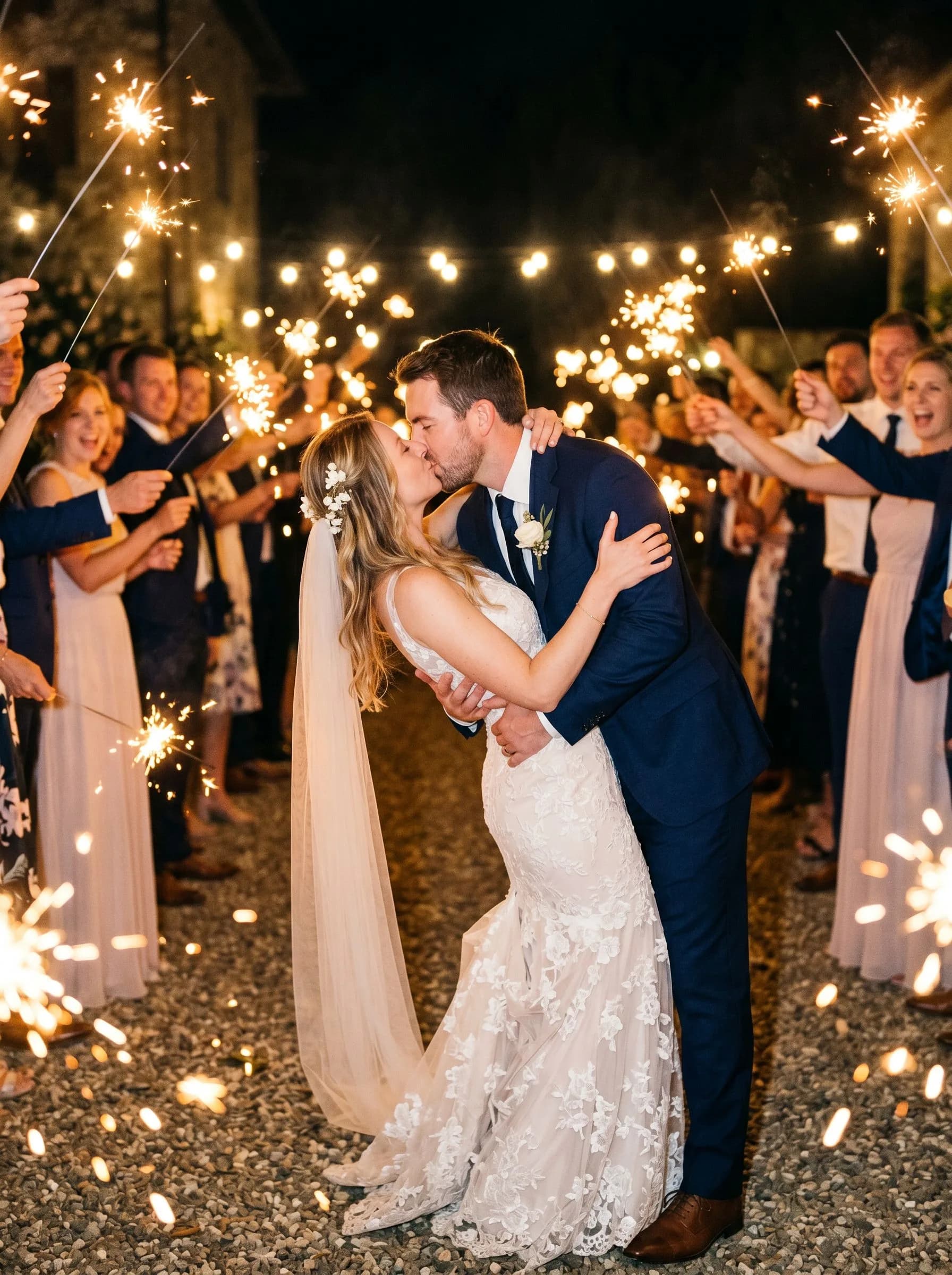 Bride and groom kissing during a golden sparkler send-off surrounded by guests