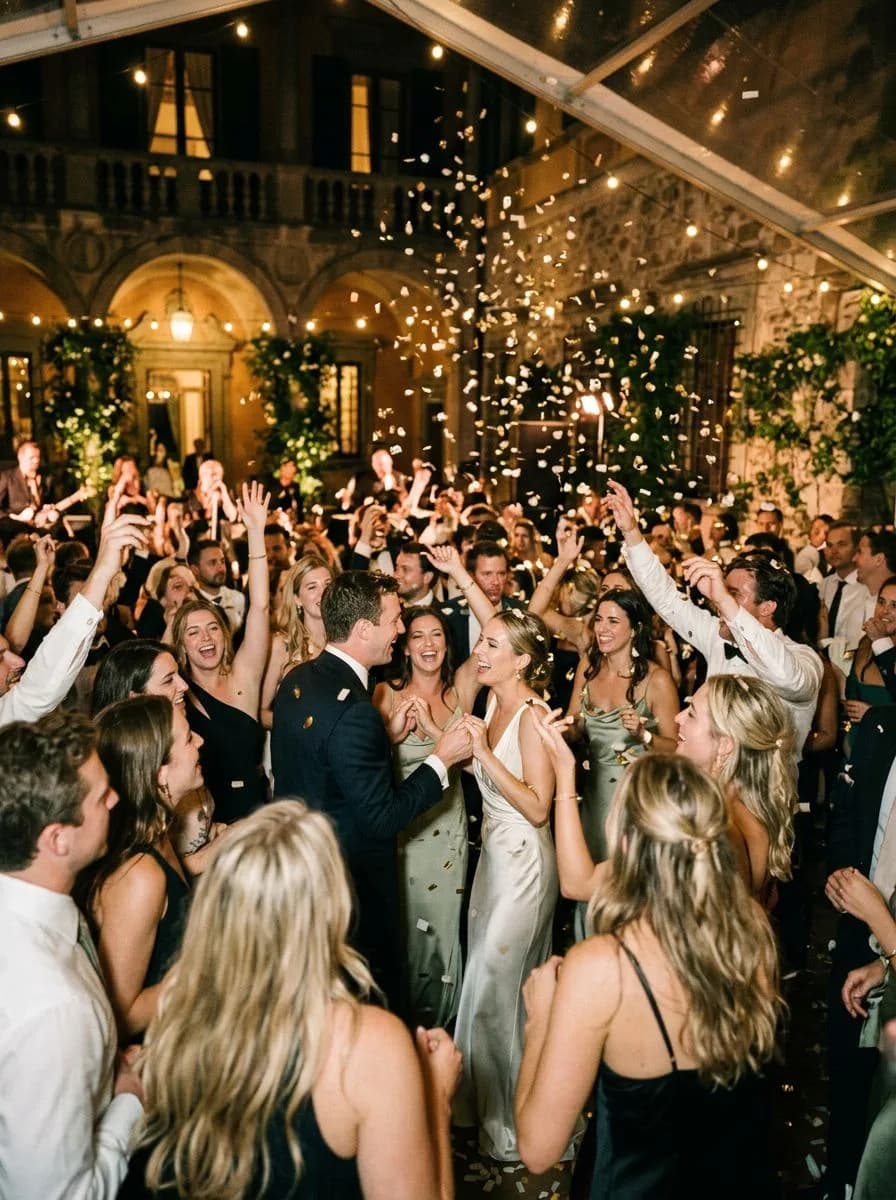 Confetti falling over a packed wedding dance floor — the low-light moments disposable cameras miss