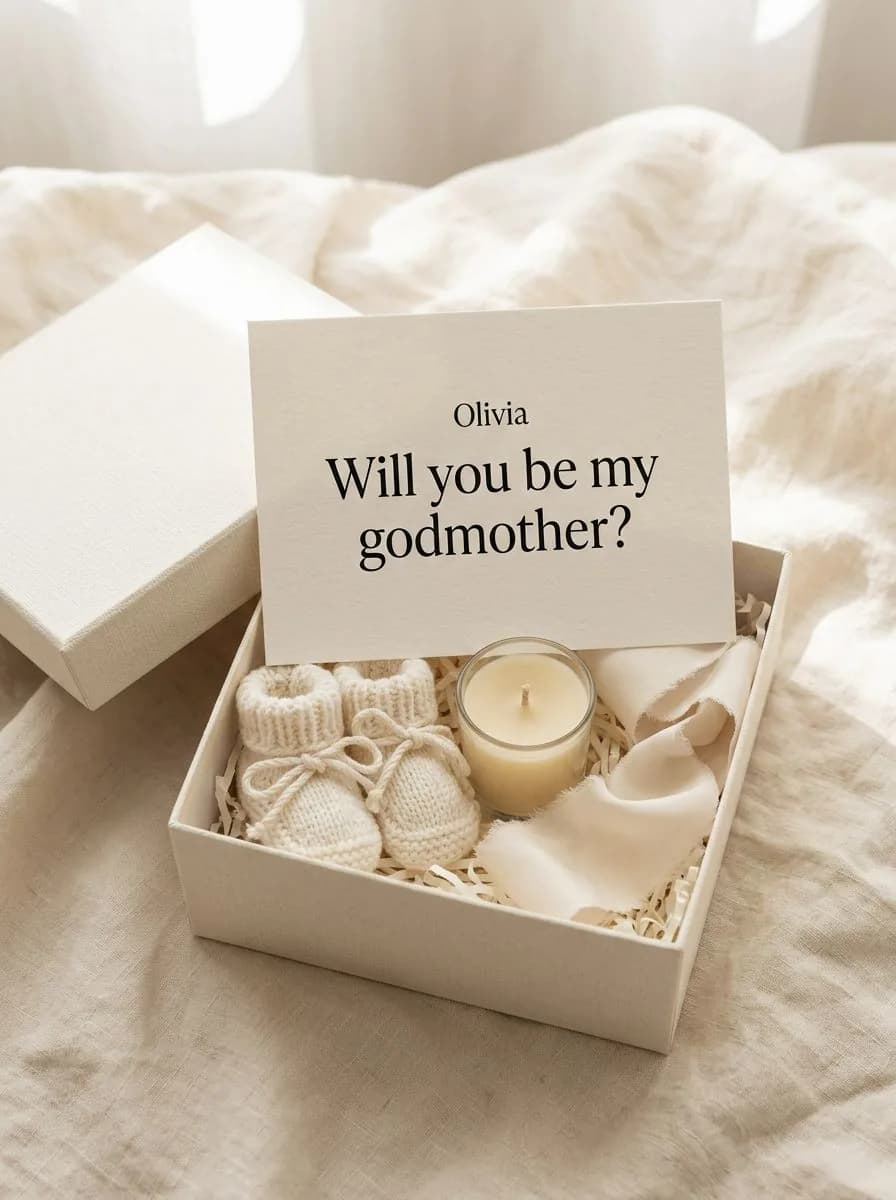 Geschenkbox für Taufpaten mit einer „Willst du meine Taufpatin sein?"-Karte, Kerze und Babysöckchen