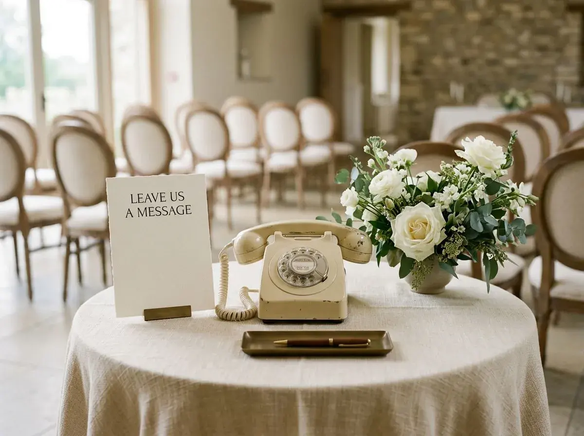Audio wedding guest book alternative with a cream vintage telephone