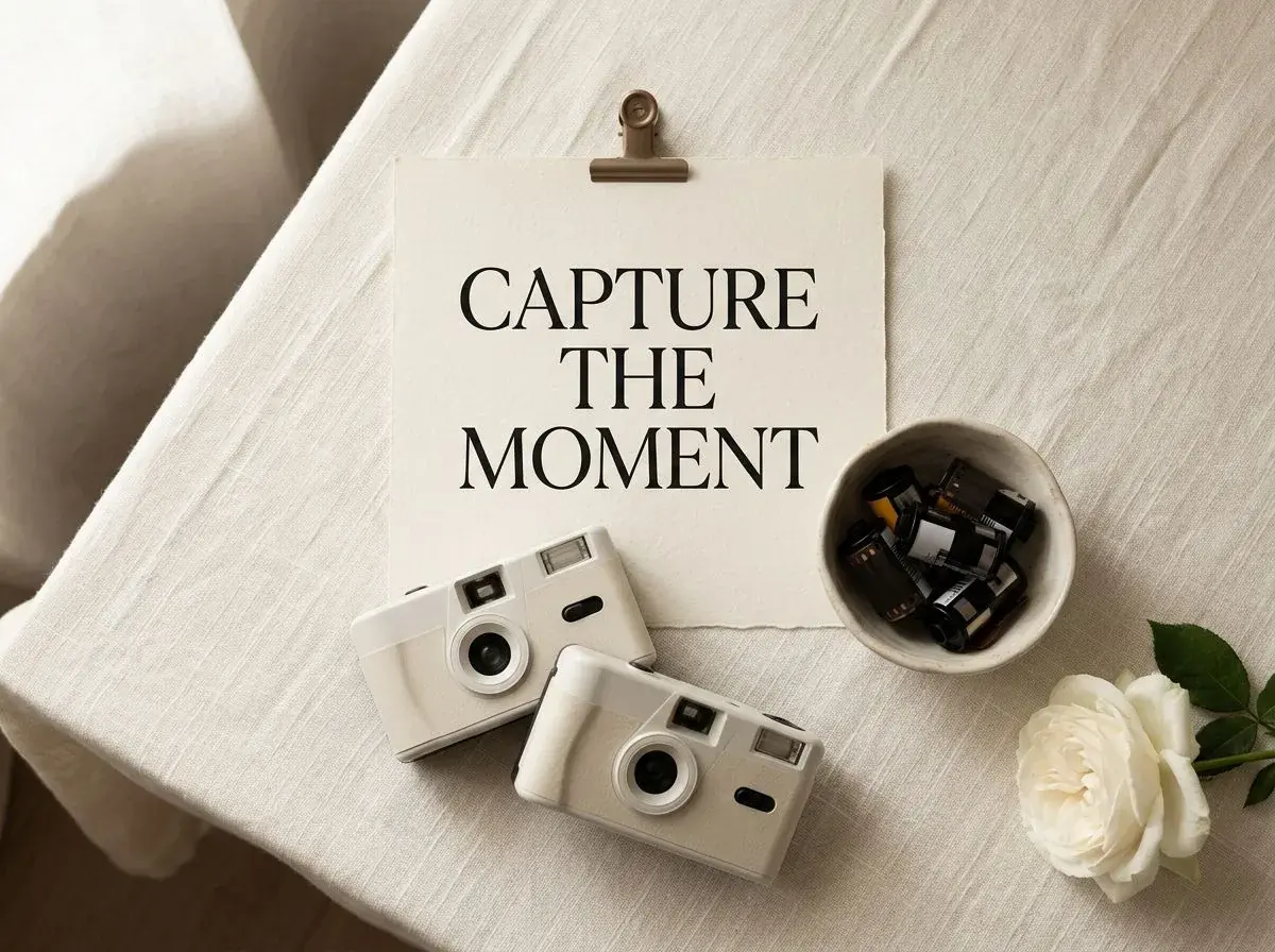 Candid wedding photo station with reusable cameras and a capture-the-moment card