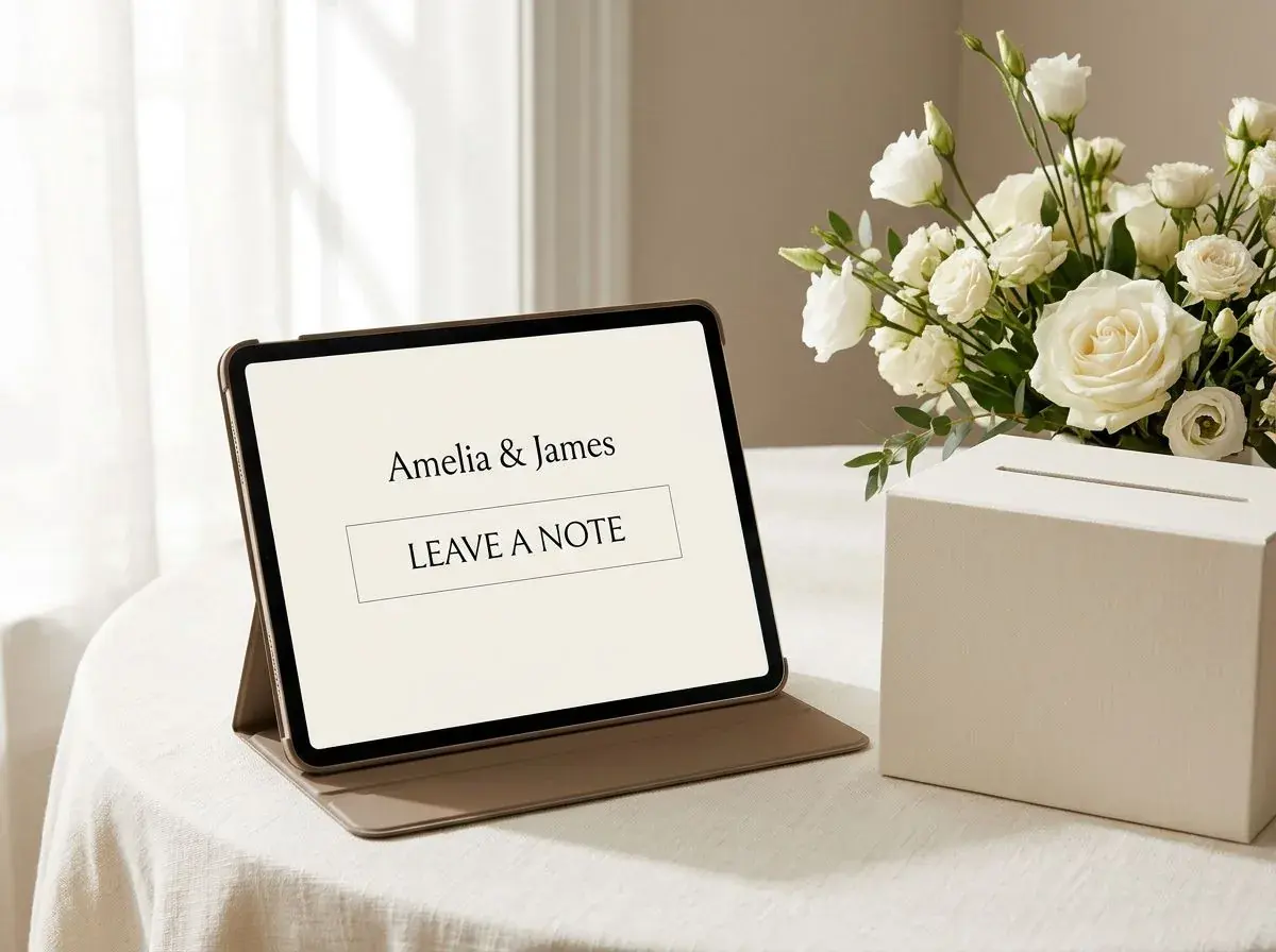 Digital wedding guest book on a tablet beside a blank card box