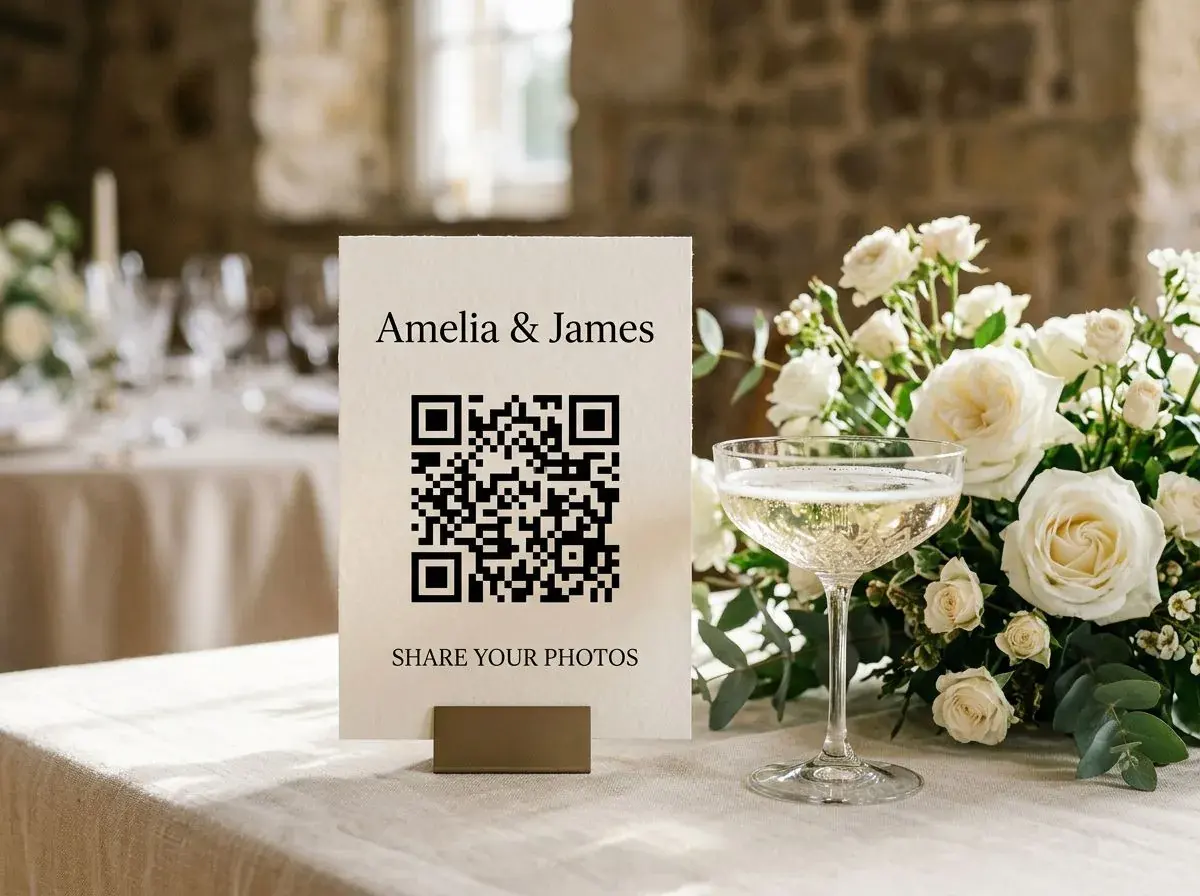 Wedding QR code idea on an ivory reception table sign