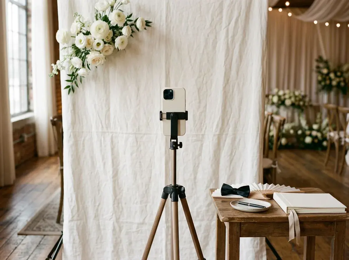 Wedding photo booth alternative with an empty floral selfie station