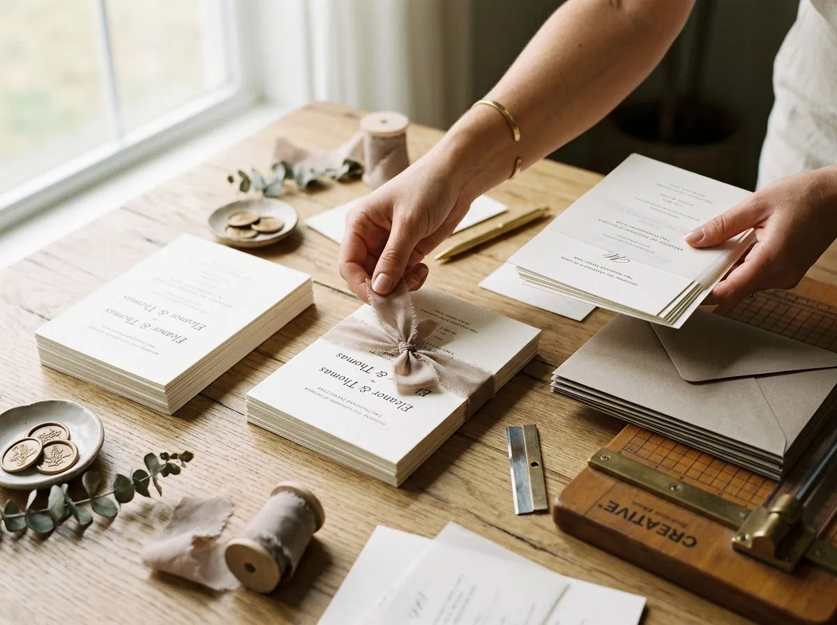 Hands assembling DIY wedding invitations with silk ribbon at a wooden table
