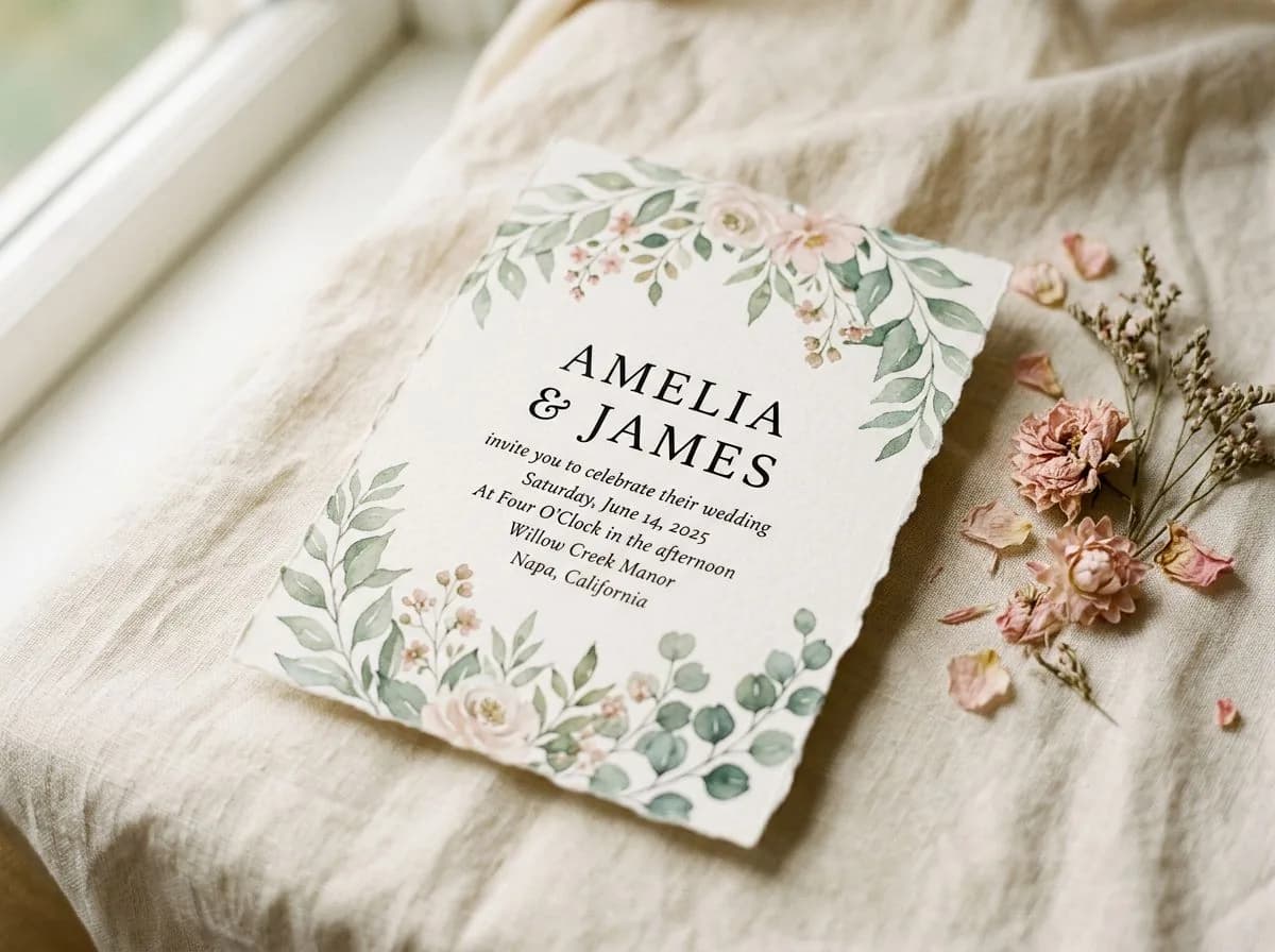 Wedding invitation with a delicate watercolor floral design on cream cotton paper
