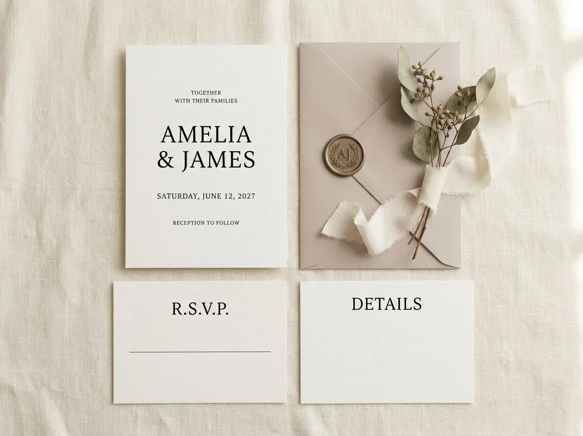 Wedding invitation suite with a QR code card among the stationery