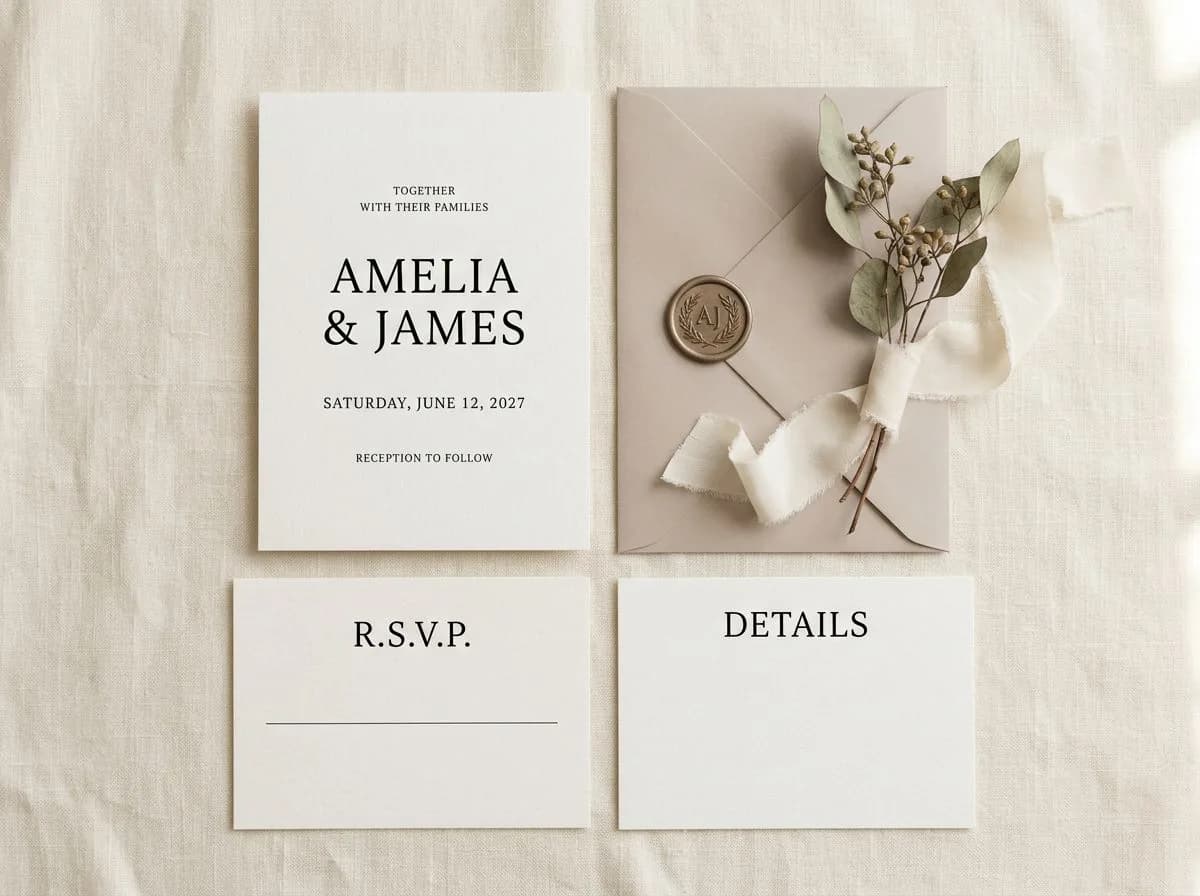 Complete wedding invitation suite flat-lay: invitation, RSVP card, details card, envelope with wax seal and silk ribbon