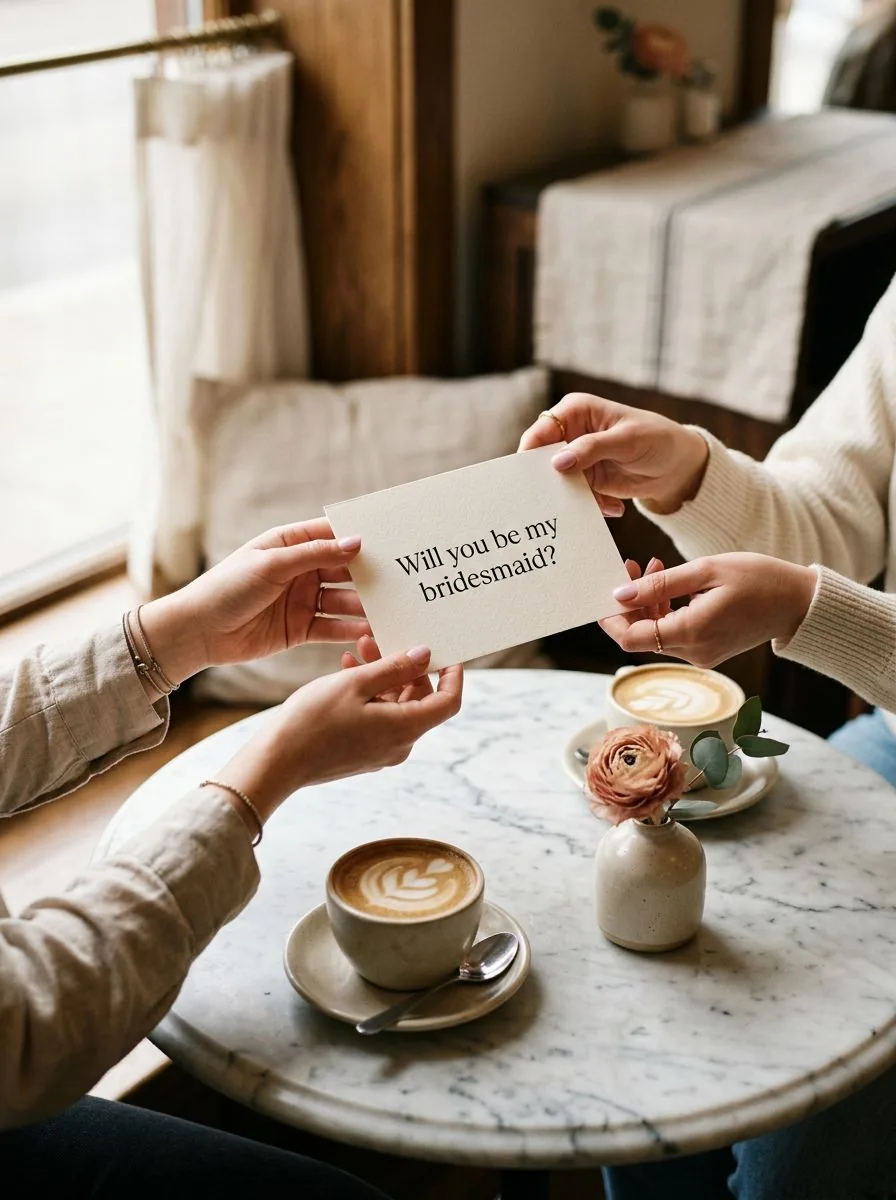 Carte de demande de témoin de mariage remise autour d'un café