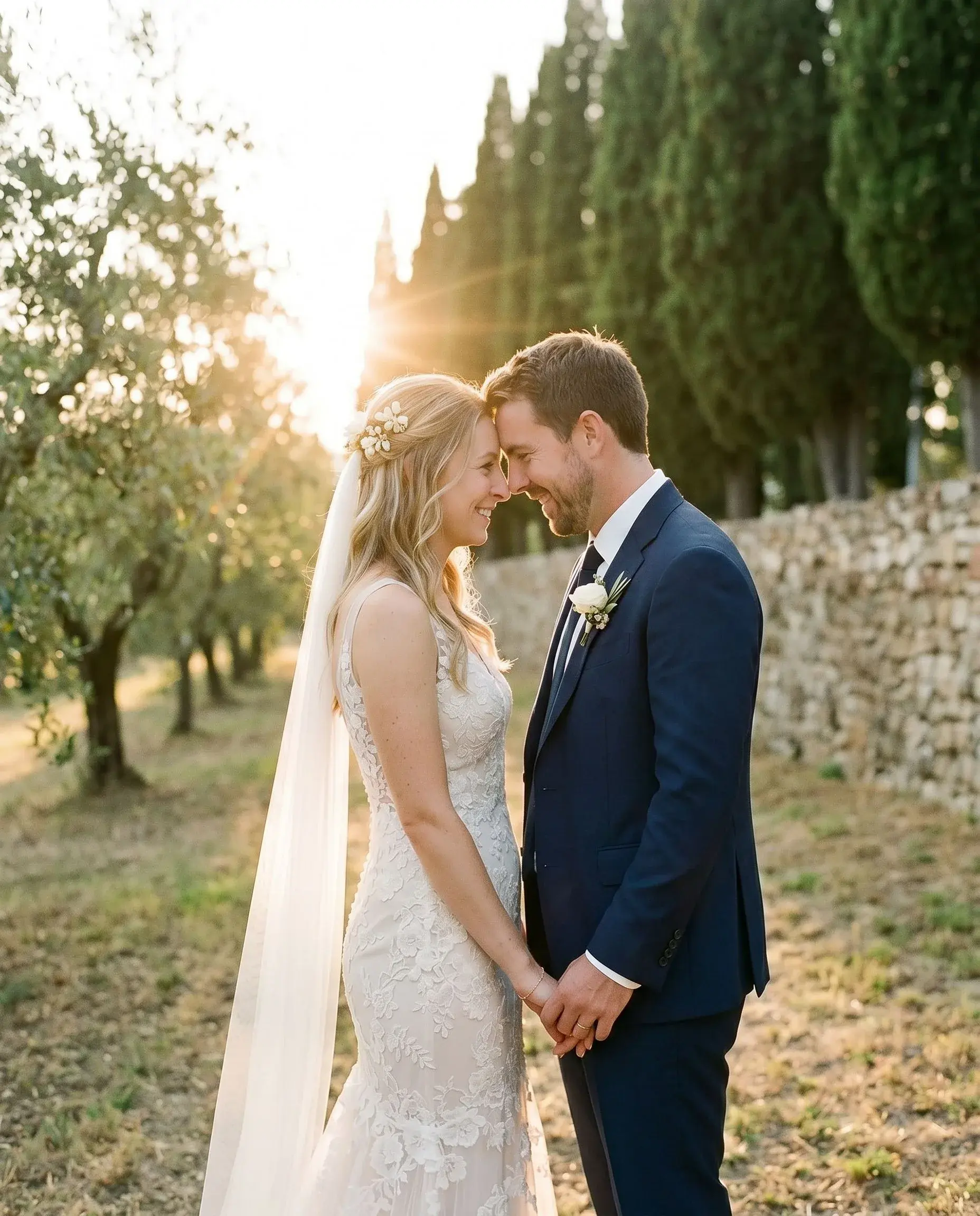 Couple looking through their private wedding photo album together at golden hour